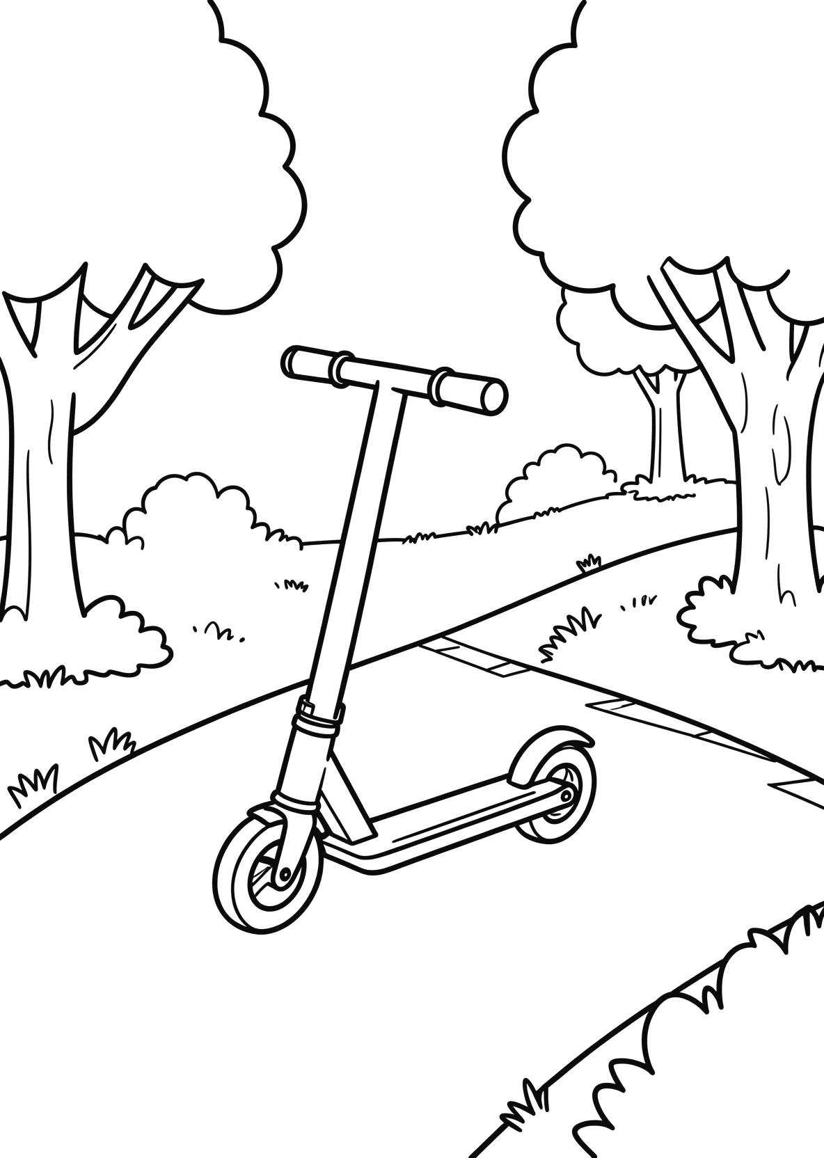 Ausmalbild Tretroller steht auf einem Gehweg im Park - Ausmalbild aus der Kategorie Maerchen - kostenlos ausdrucken
