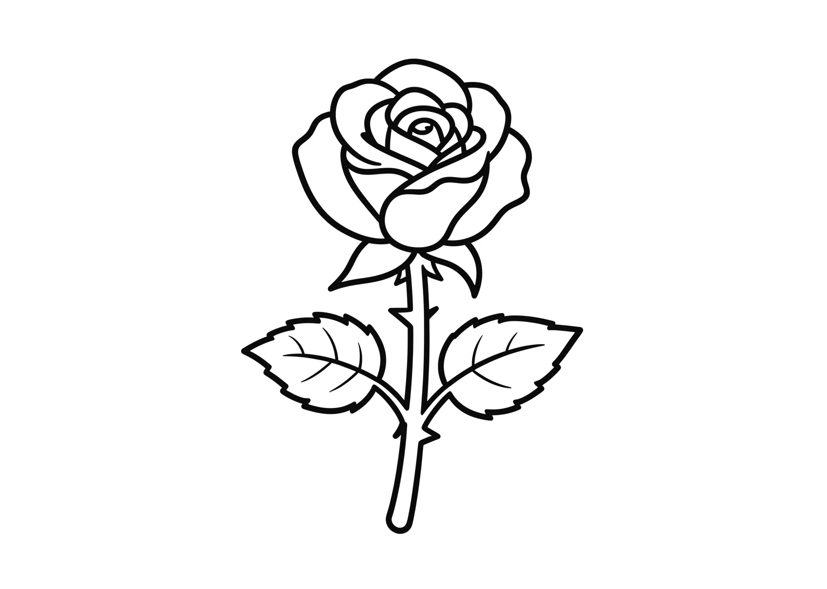 Ausmalbild Einzelne Rose mit Stiel, Blaettern und Dornen - Ausmalbild aus der Kategorie Natur - kostenlos ausdrucken
