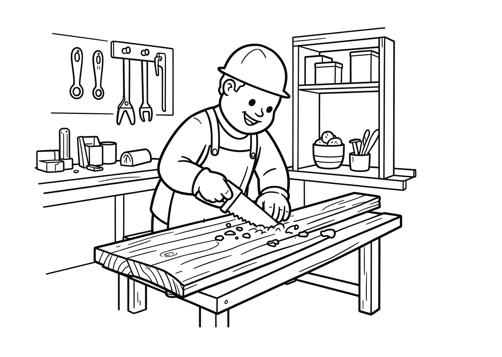 Ausmalbild Schreiner saegt an einem Holzbrett in seiner - Ausmalbild aus der Kategorie Berufe - kostenlos ausdrucken