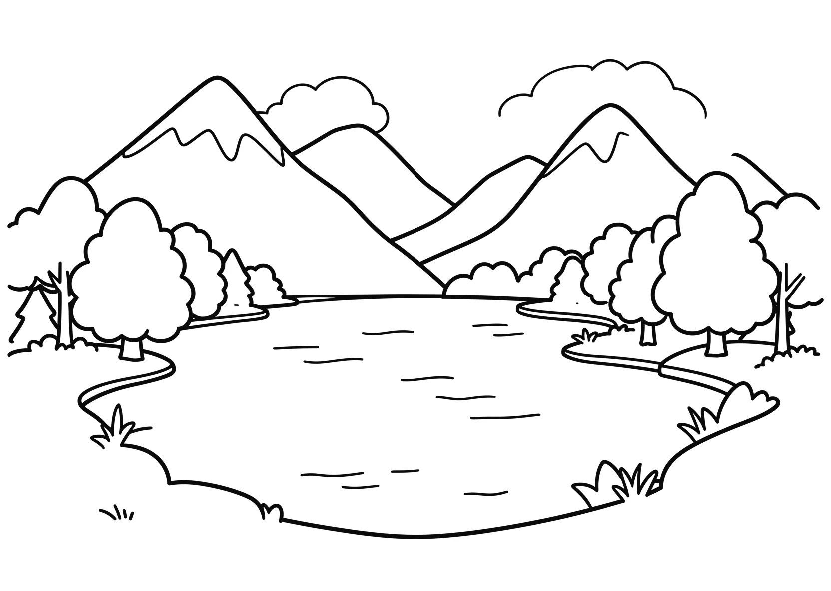 Ausmalbild Ruhiger See mit Bergen im Hintergrund - Ausmalbild aus der Kategorie Natur - kostenlos ausdrucken