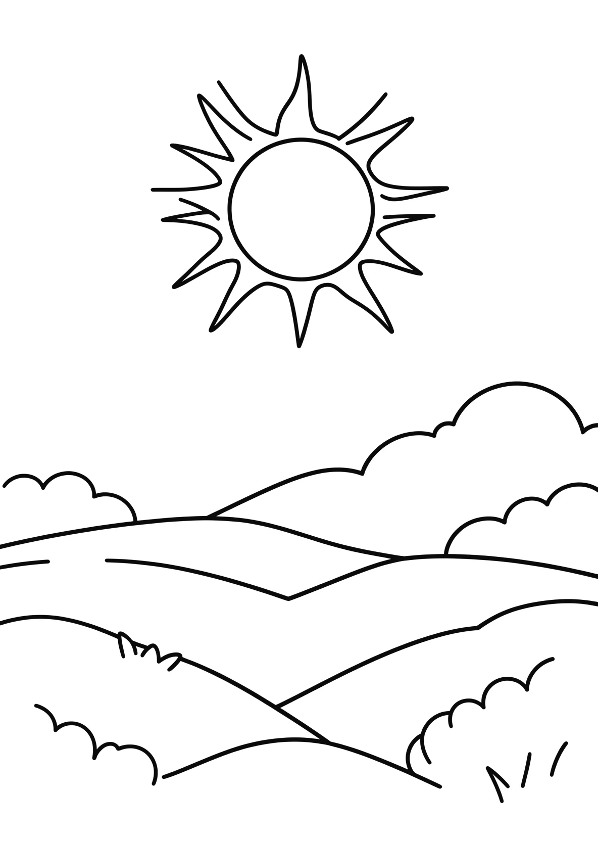 Ausmalbild Strahlende Sonne mit Strahlen am Himmel ueber - Ausmalbild aus der Kategorie Natur - kostenlos ausdrucken