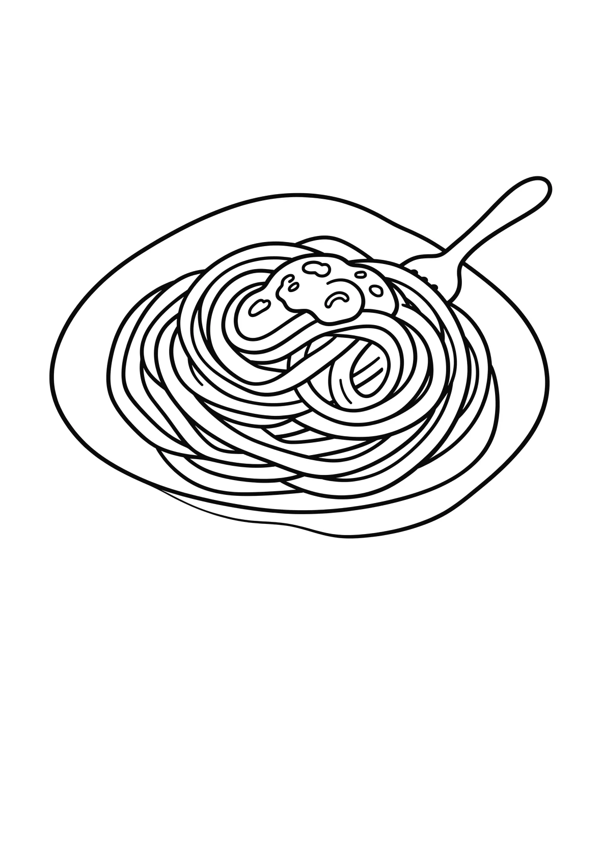 Ausmalbild Teller Spaghetti mit Tomatensauce aufgerollt auf - Ausmalbild aus der Kategorie Essen - kostenlos ausdrucken