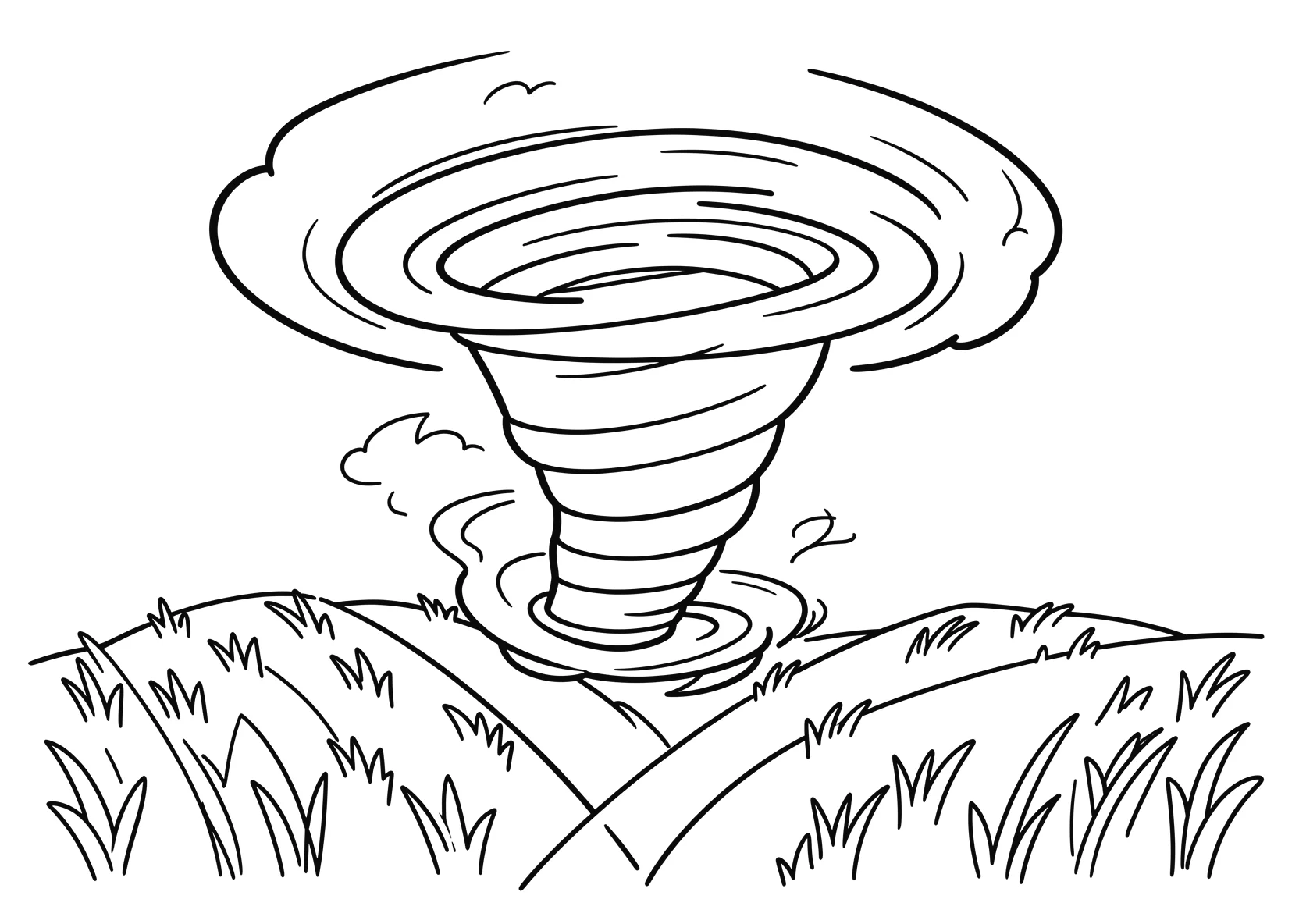 Ausmalbild Tornado wirbelt ueber ein Feld - Ausmalbild aus der Kategorie Natur - kostenlos ausdrucken