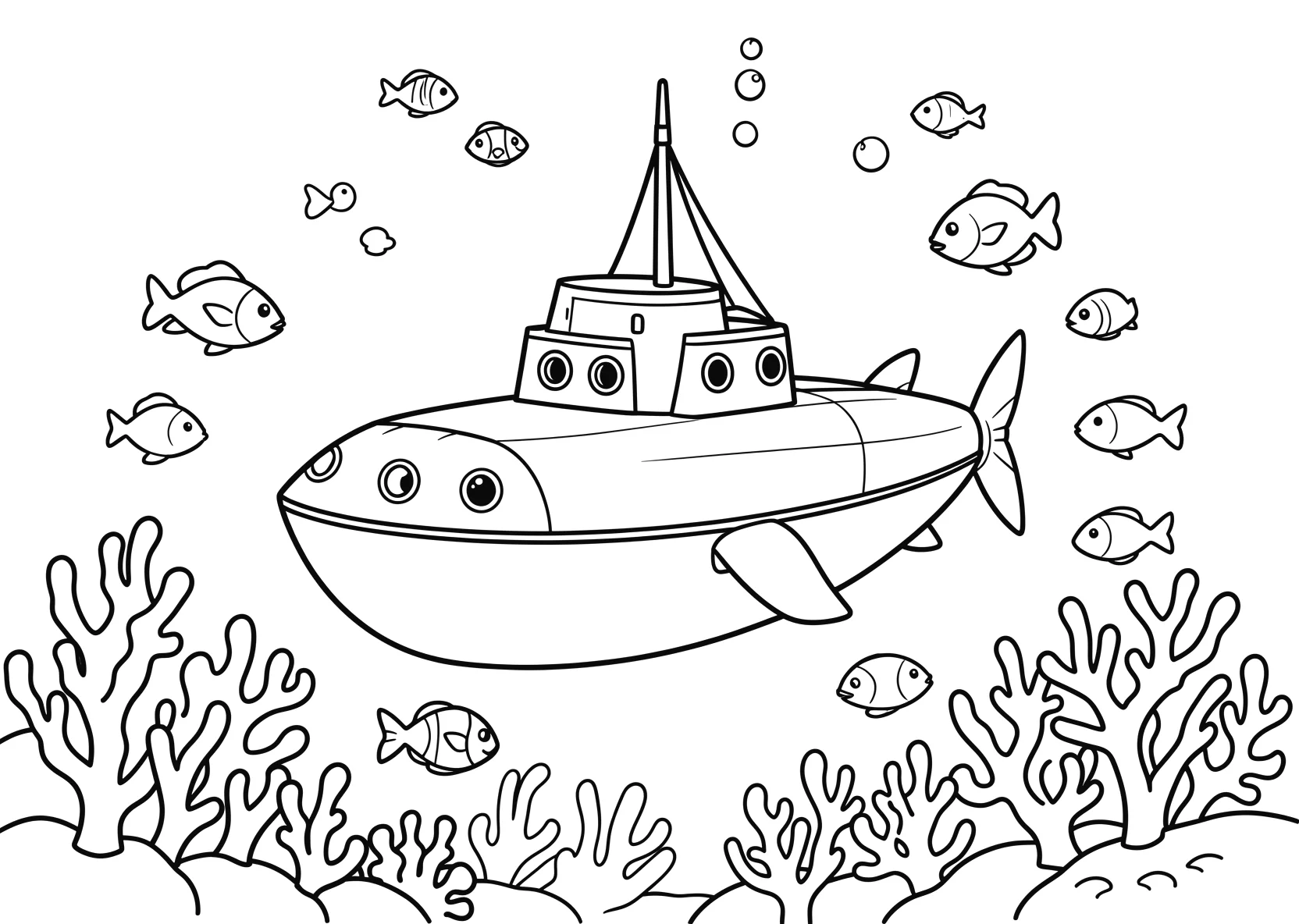 Ausmalbild U-Boot taucht unter Wasser zwischen Fischen - Ausmalbild aus der Kategorie Tiere - kostenlos ausdrucken