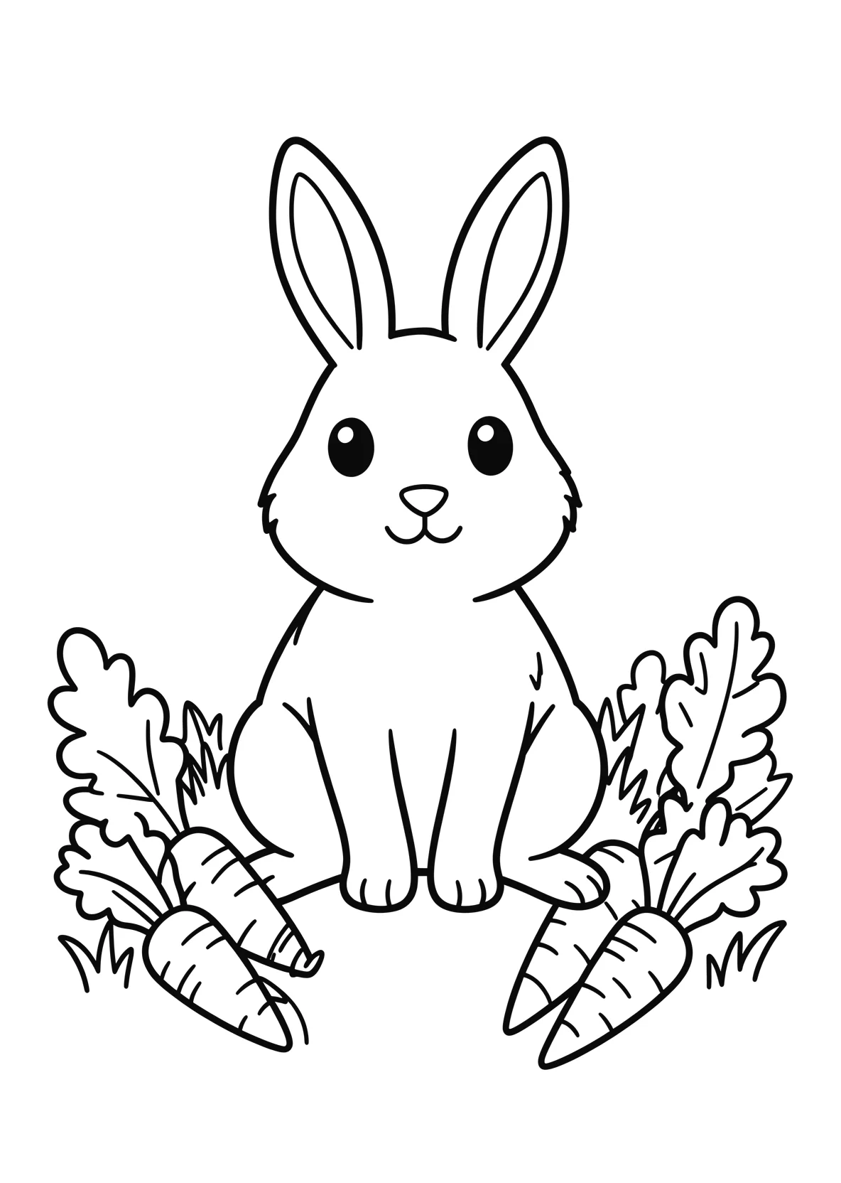 Ausmalbild Hase sitzt auf einer Wiese mit Moehren - Ausmalbild aus der Kategorie Tiere - kostenlos ausdrucken