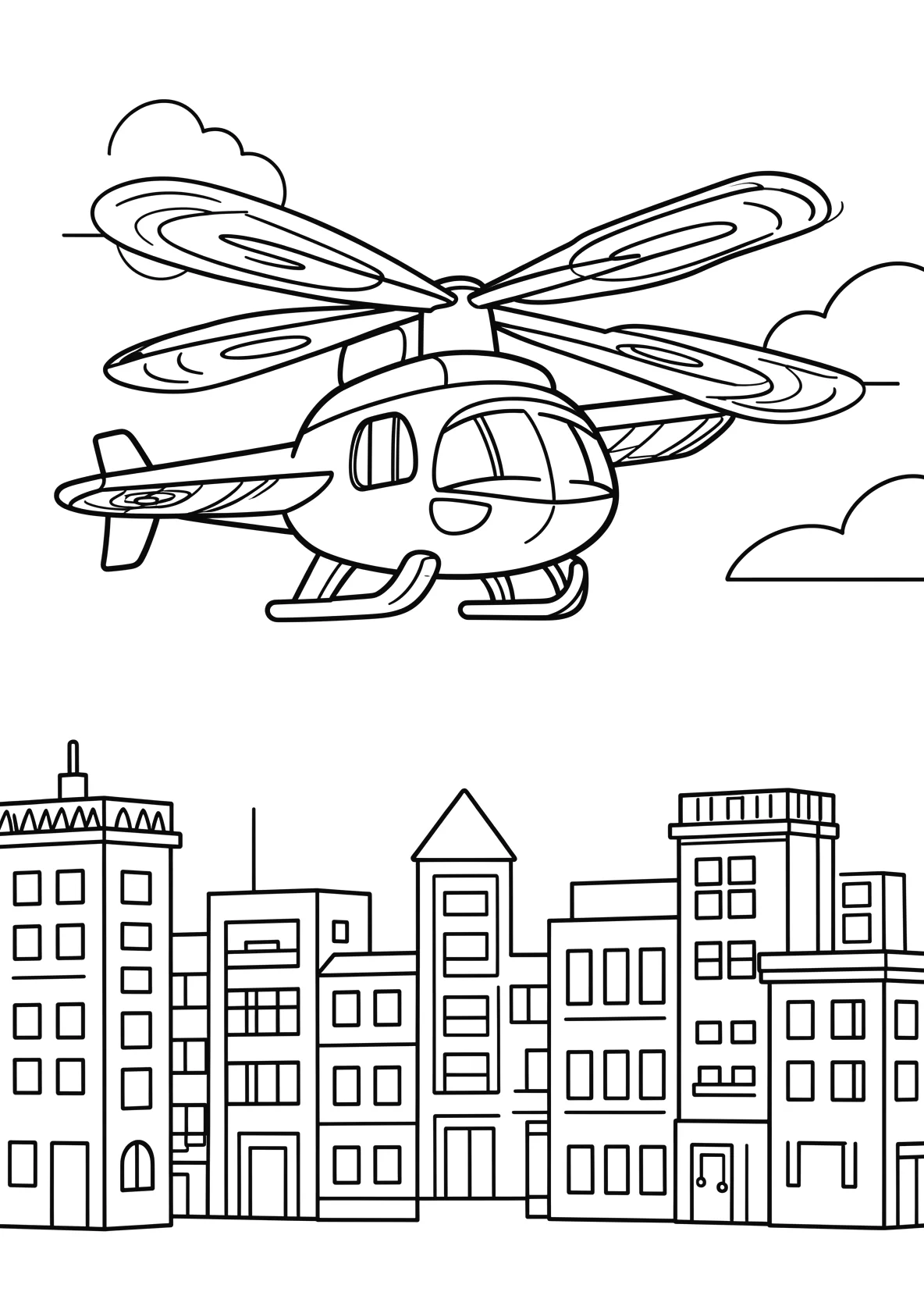 Ausmalbild Hubschrauber fliegt ueber eine Stadt - Ausmalbild aus der Kategorie Tiere - kostenlos ausdrucken