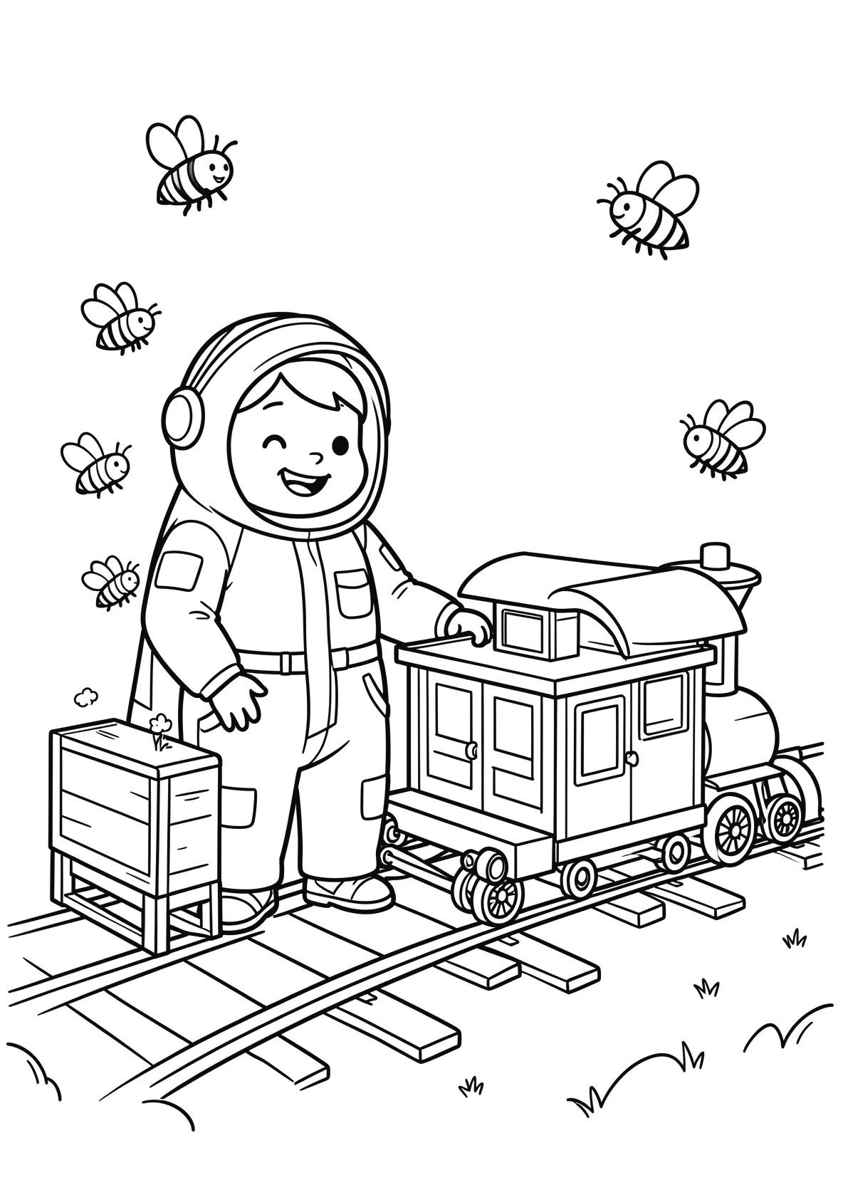 Ausmalbild Imker im Schutzanzug steht neben Bienenkoerben - Ausmalbild aus der Kategorie Tiere - kostenlos ausdrucken