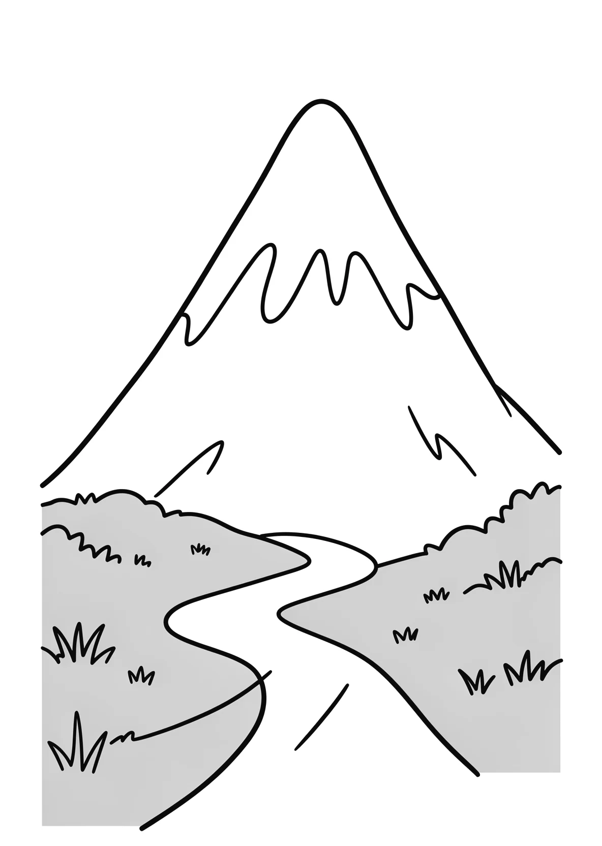 Ausmalbild Hoher schneebedeckter Berg mit gruenen Wiesen am - Ausmalbild aus der Kategorie Natur - kostenlos ausdrucken