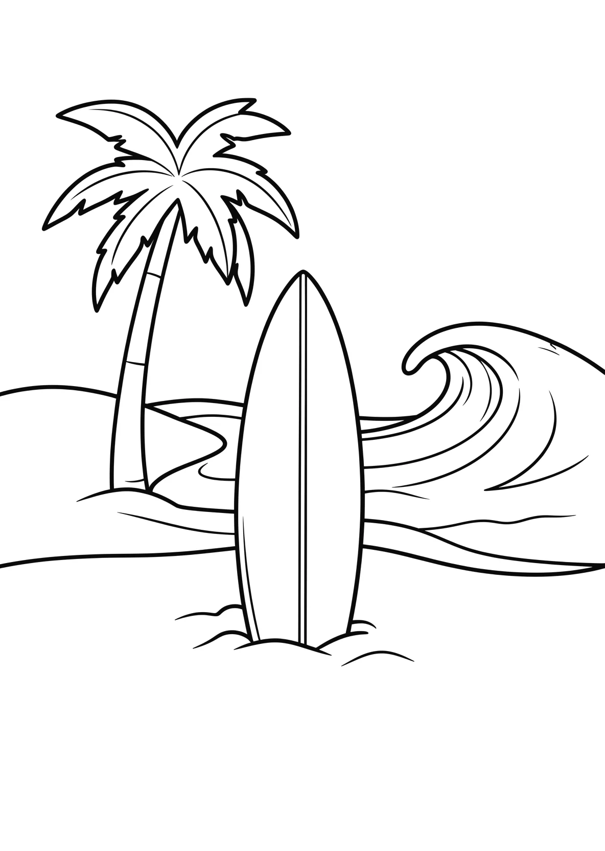 Ausmalbild Einzelnes Surfbrett steckt aufrecht im Sand am - Ausmalbild aus der Kategorie Natur - kostenlos ausdrucken