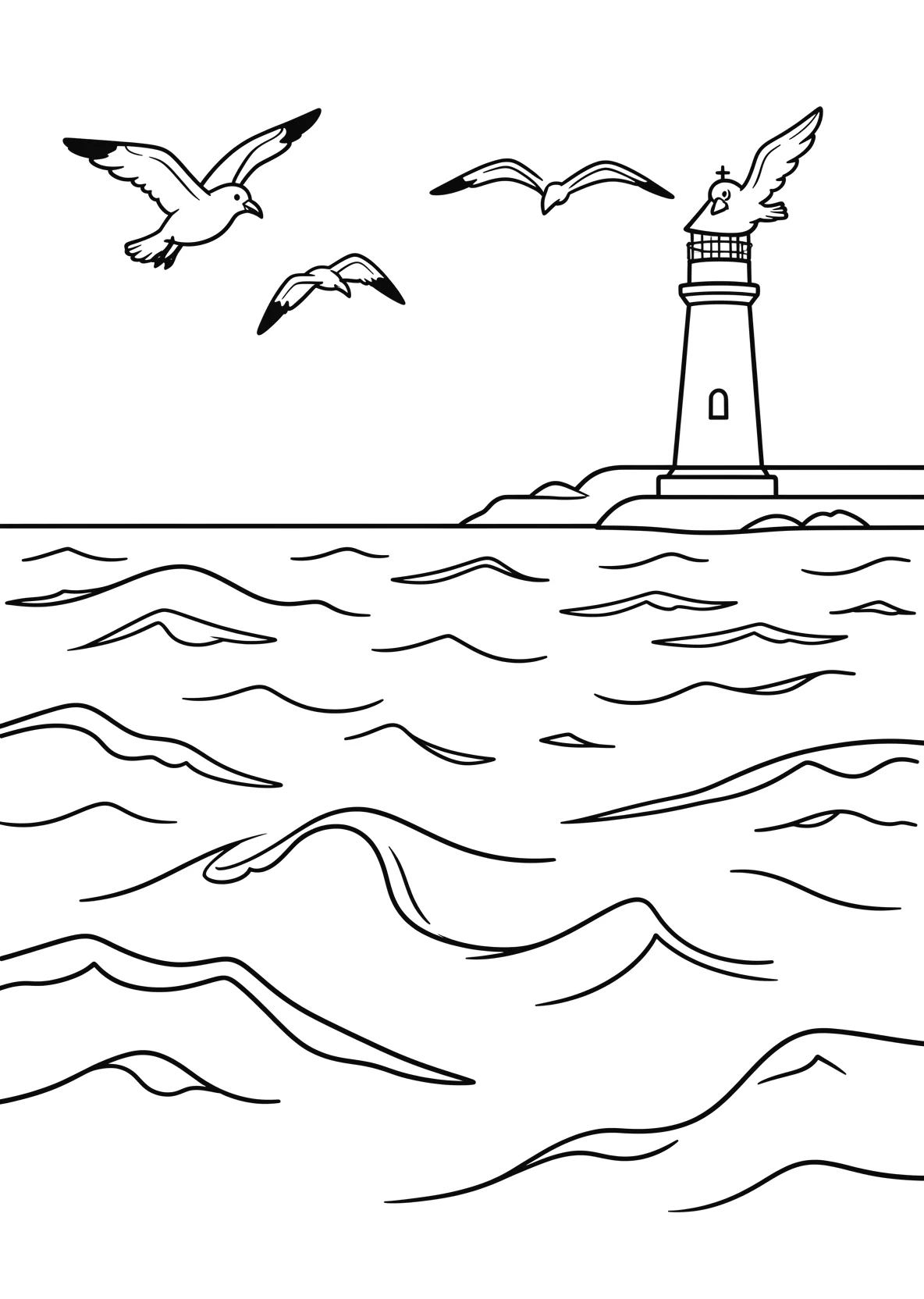 Ausmalbild Weites offenes Meer mit grossen und kleinen Wellen - Ausmalbild aus der Kategorie Natur - kostenlos ausdrucken