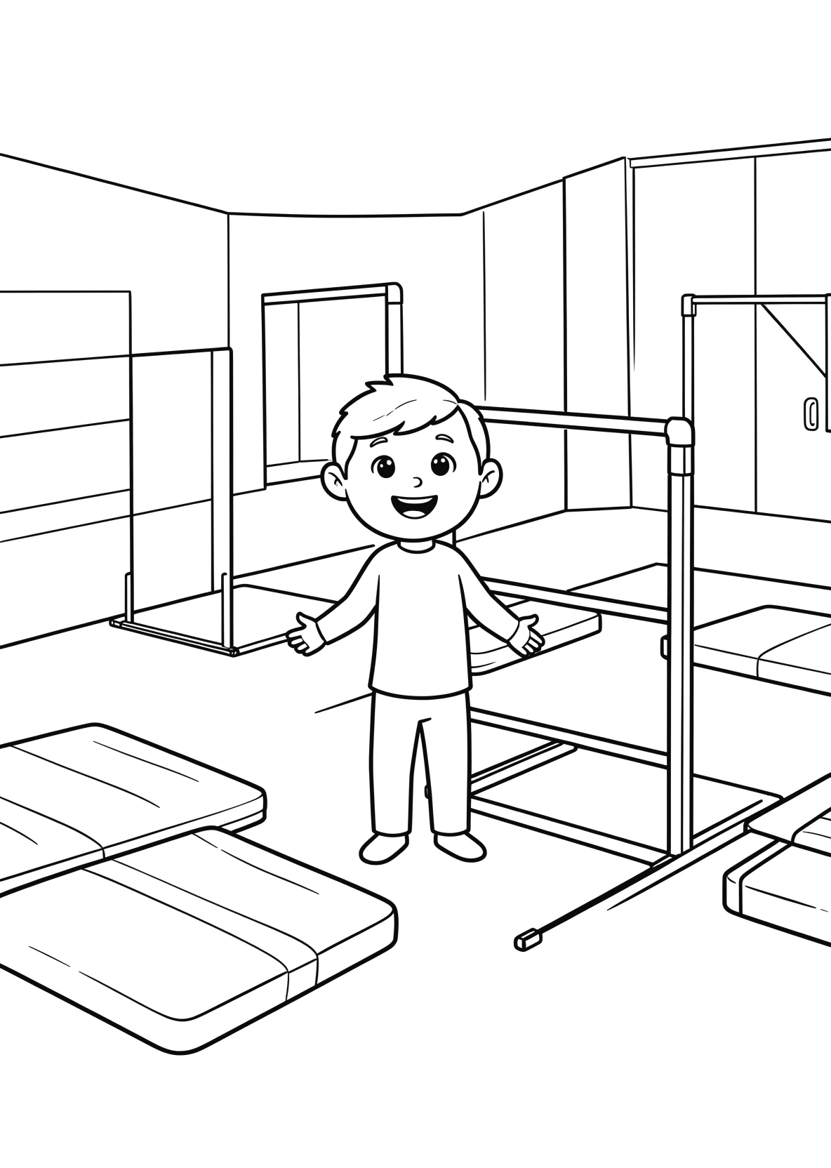 Ausmalbild Schwebebalken und ein Reck in einer Turnhalle - Ausmalbild aus der Kategorie Sonstiges - kostenlos ausdrucken