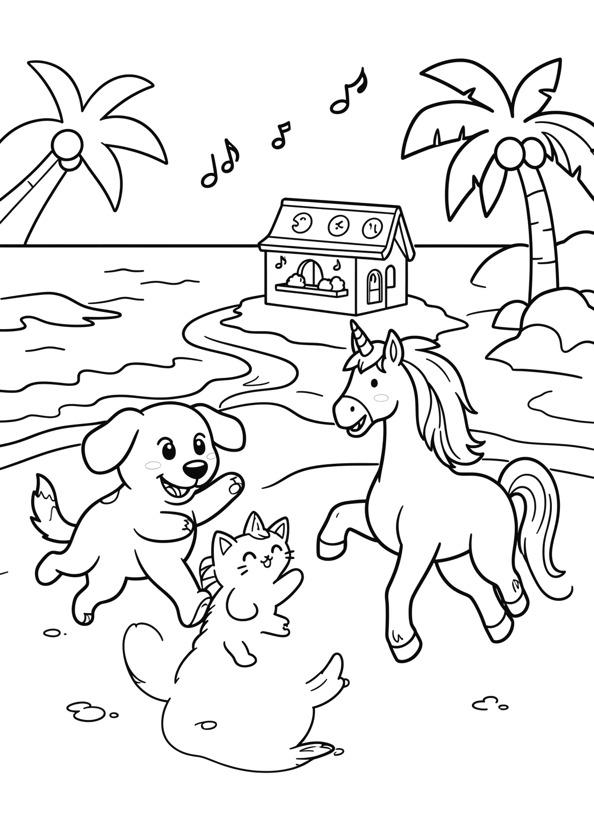 Ausmalbild Hund, eine Katze, ein Pferd - Ausmalbild aus der Kategorie Tiere - kostenlos ausdrucken