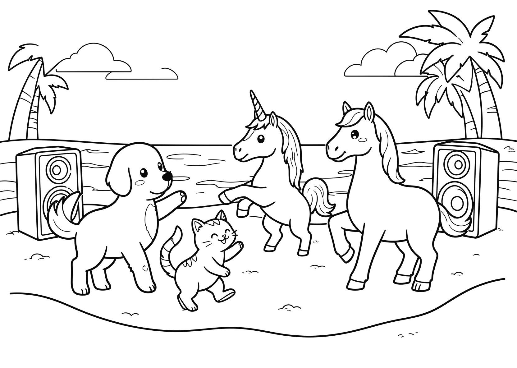 Ausmalbild Hund, eine Katze, ein Pferd - Ausmalbild aus der Kategorie Tiere - kostenlos ausdrucken