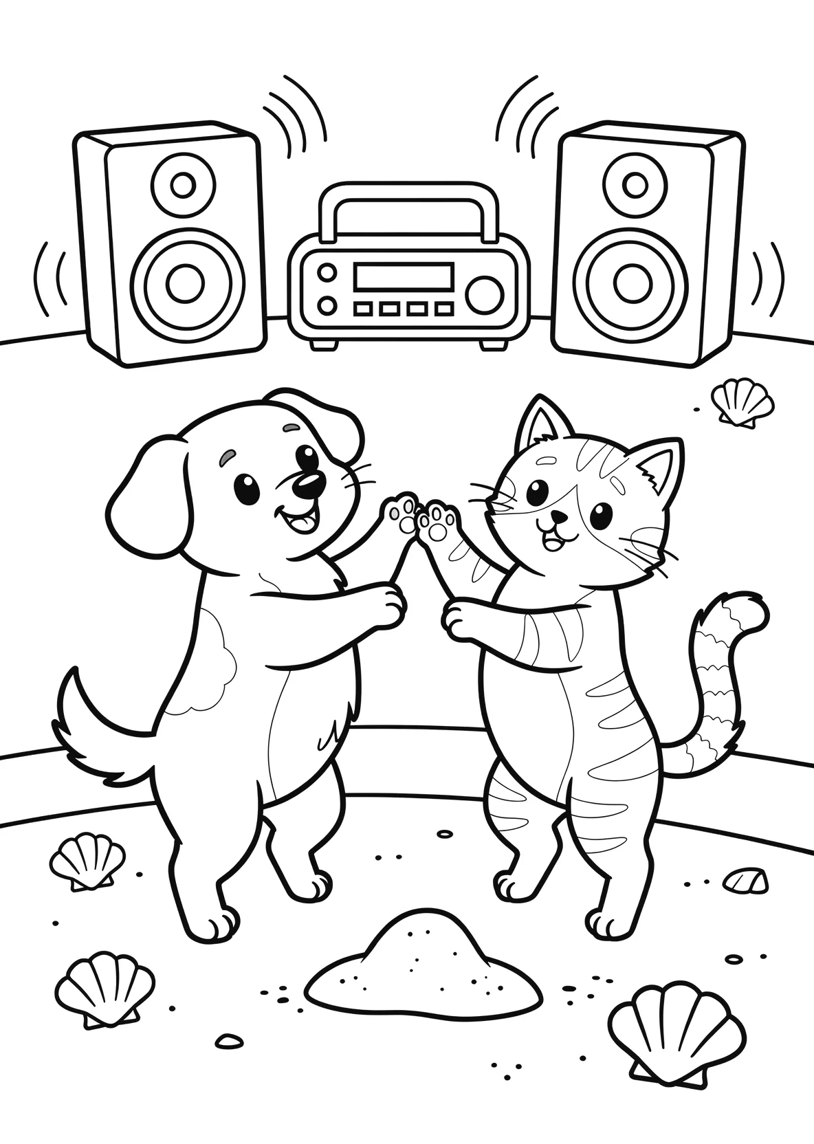Ausmalbild Hund und eine Katze tanzen am Stand zur Musik - - Ausmalbild aus der Kategorie Tiere - kostenlos ausdrucken