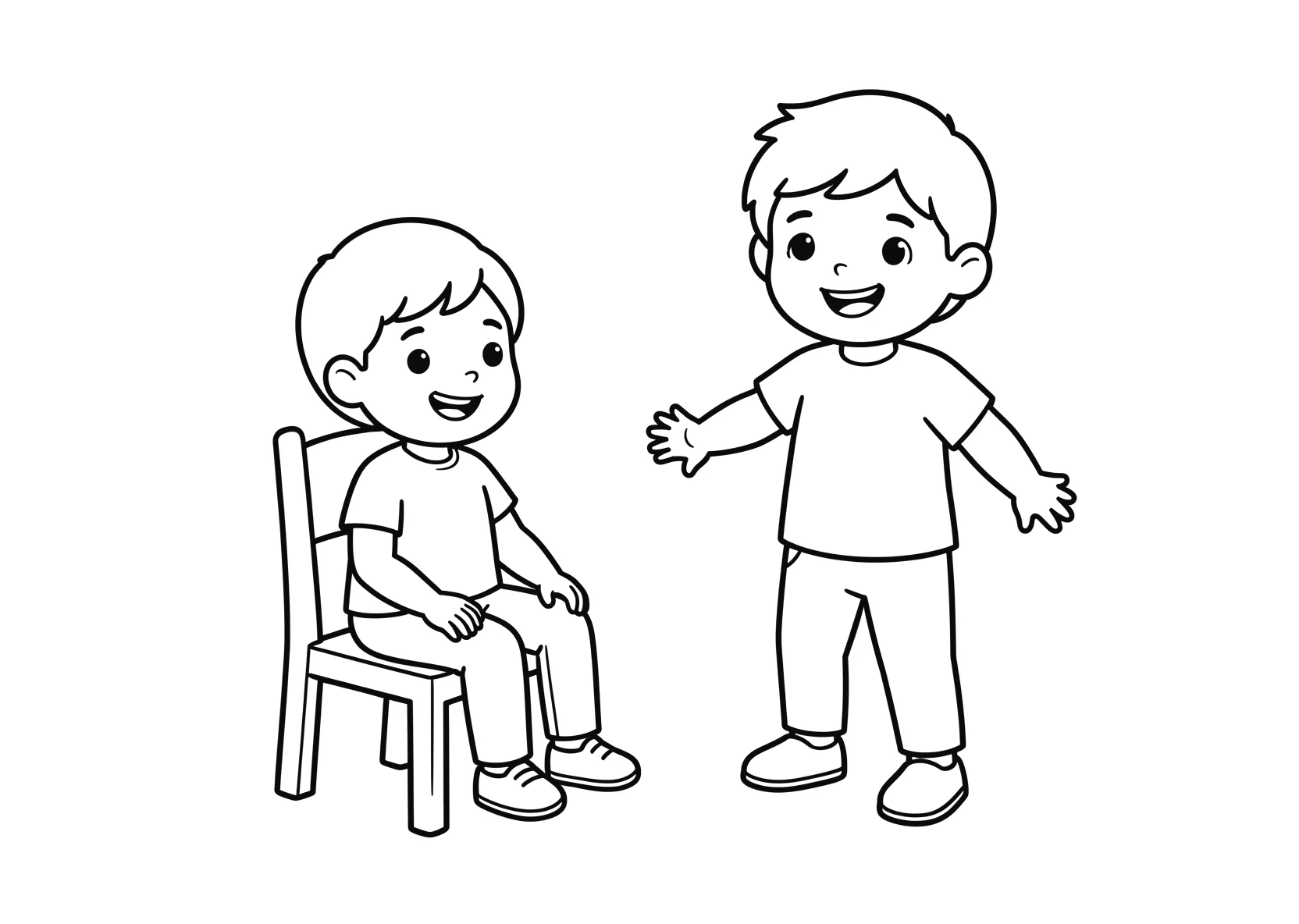 Ausmalbild 2 Kinder mit Stuhl. Thema Bewegung. Ein Kind sitzt - Ausmalbild aus der Kategorie Sonstiges - kostenlos ausdrucken