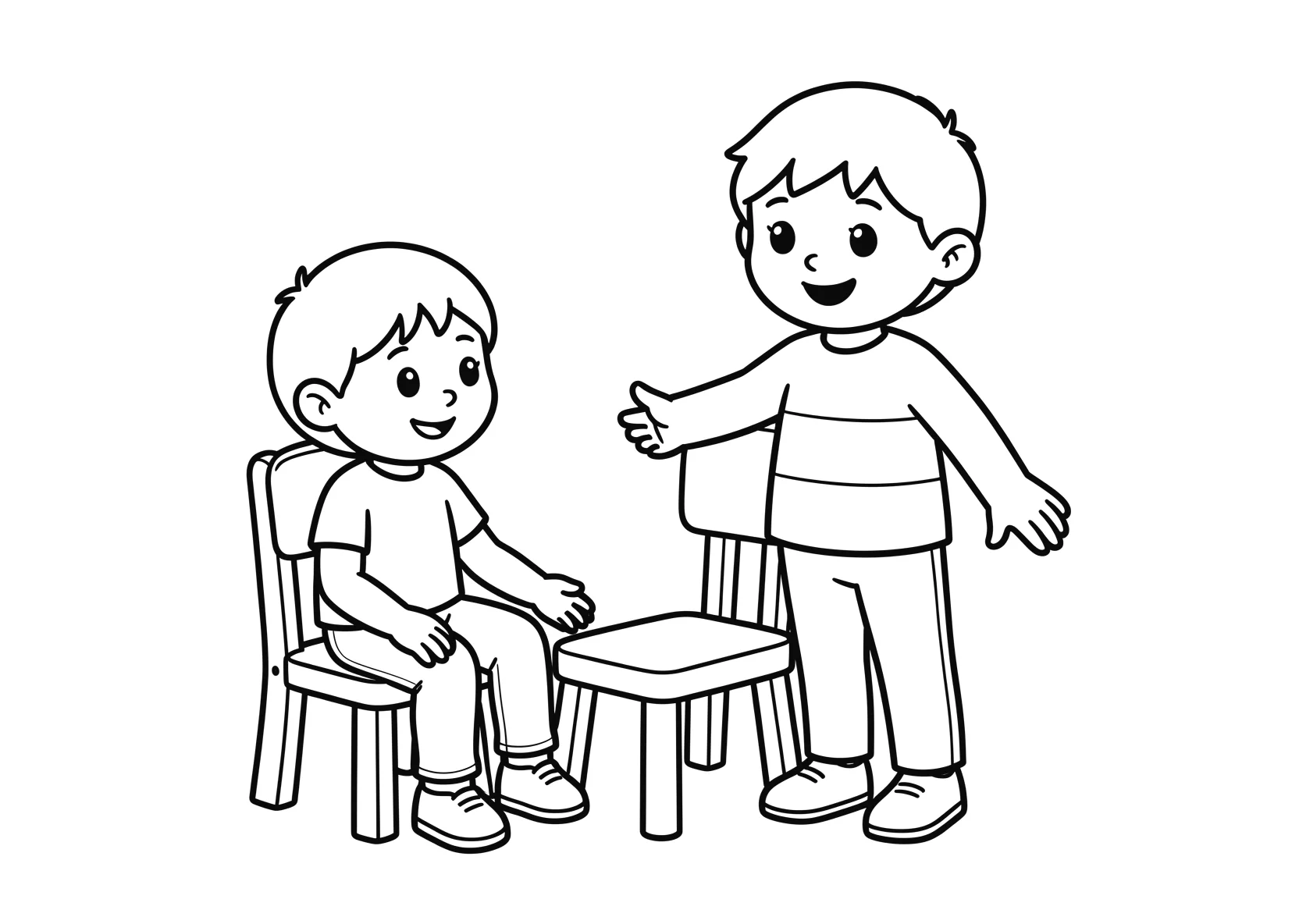 Ausmalbild 2 Kinder mit Stuhl. Thema Bewegung. Ein Kind sitzt - Ausmalbild aus der Kategorie Sonstiges - kostenlos ausdrucken