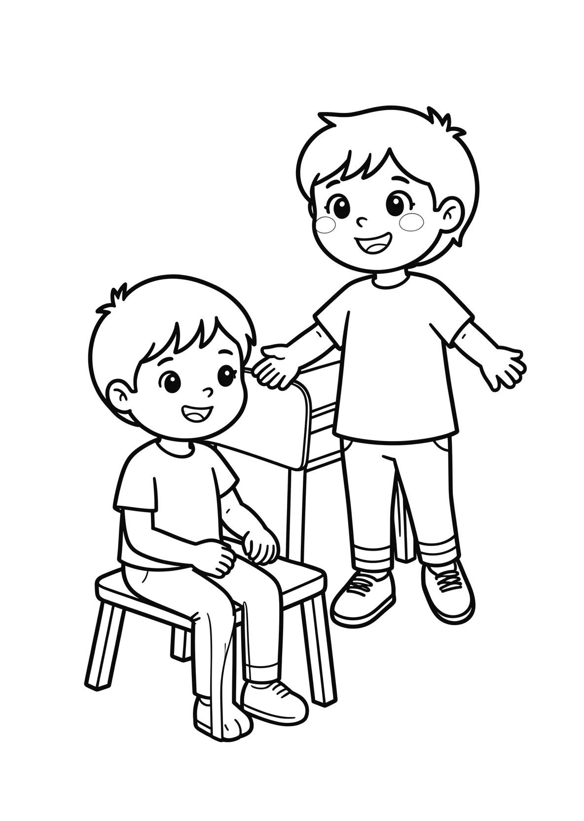 Ausmalbild 2 Kinder mit Stuhl. Thema Bewegung. Ein Kind sitzt - Ausmalbild aus der Kategorie Sonstiges - kostenlos ausdrucken