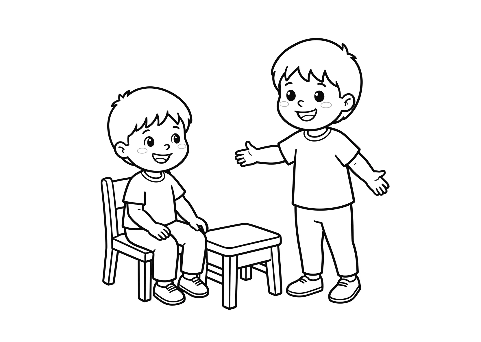 Ausmalbild 2 Kinder mit Stuhl. Thema Bewegung. Ein Kind sitzt - Ausmalbild aus der Kategorie Sonstiges - kostenlos ausdrucken