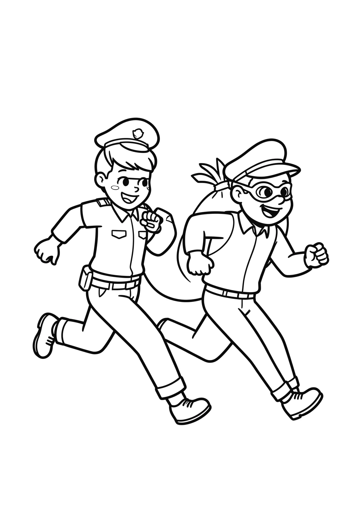 Ausmalbild Polizistin rennt hinter einem Dieb her - Ausmalbild aus der Kategorie Berufe - kostenlos ausdrucken