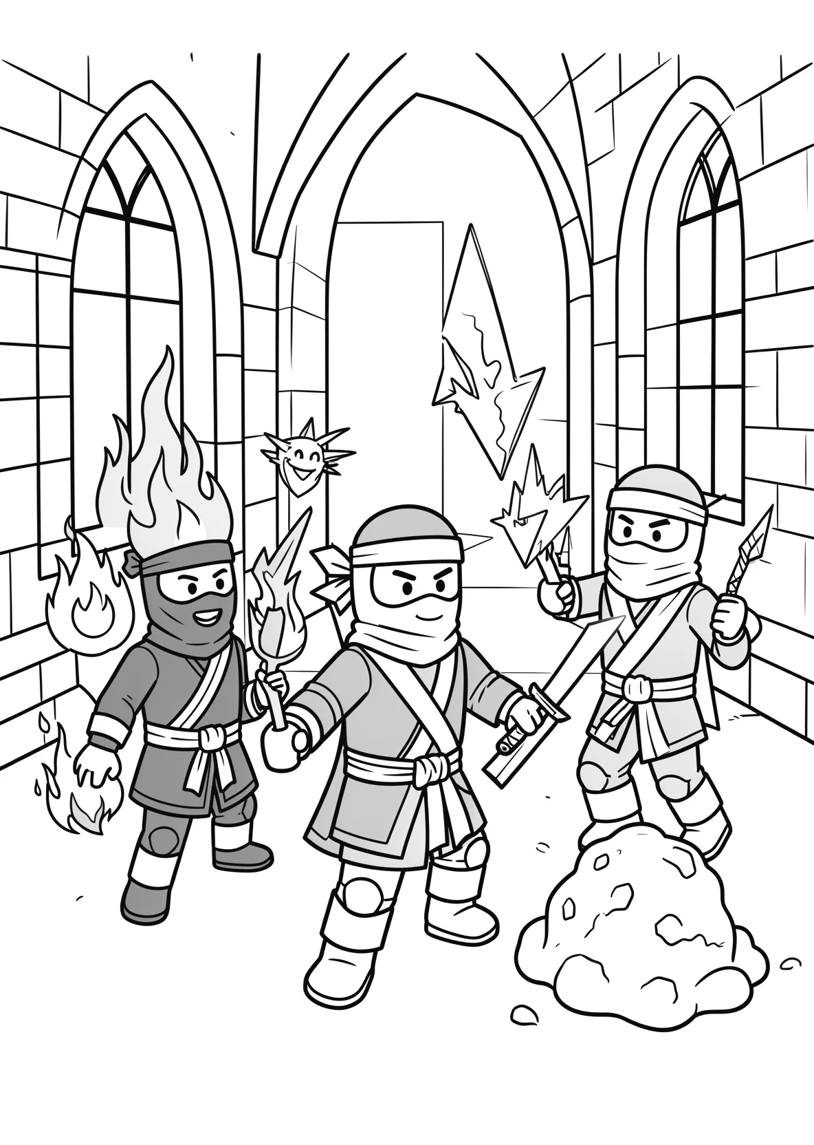 Ausmalbild Blockfiguren-Ninjas in bunten Anzuegen mit Masken - Ausmalbild aus der Kategorie Essen - kostenlos ausdrucken