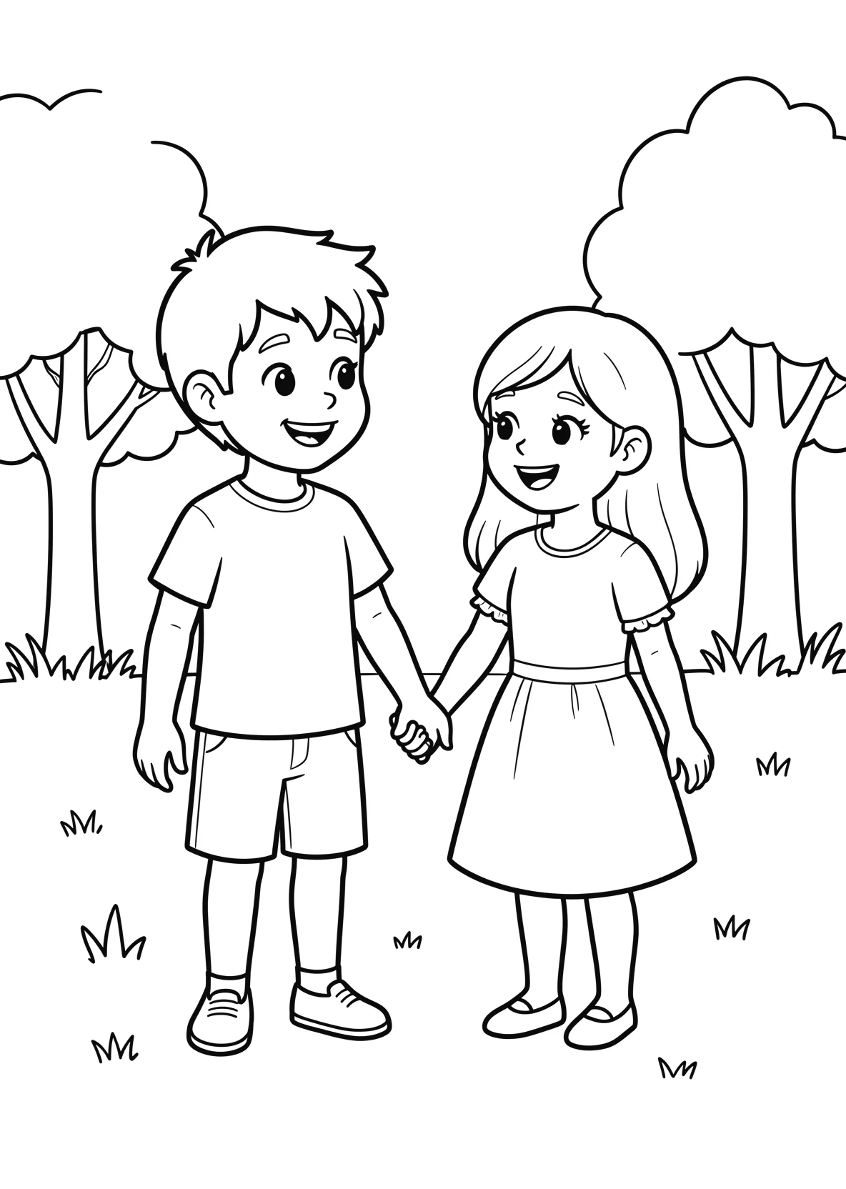 Ausmalbild Junge und ein Maedchen stehen nebeneinander und - Ausmalbild aus der Kategorie Sonstiges - kostenlos ausdrucken