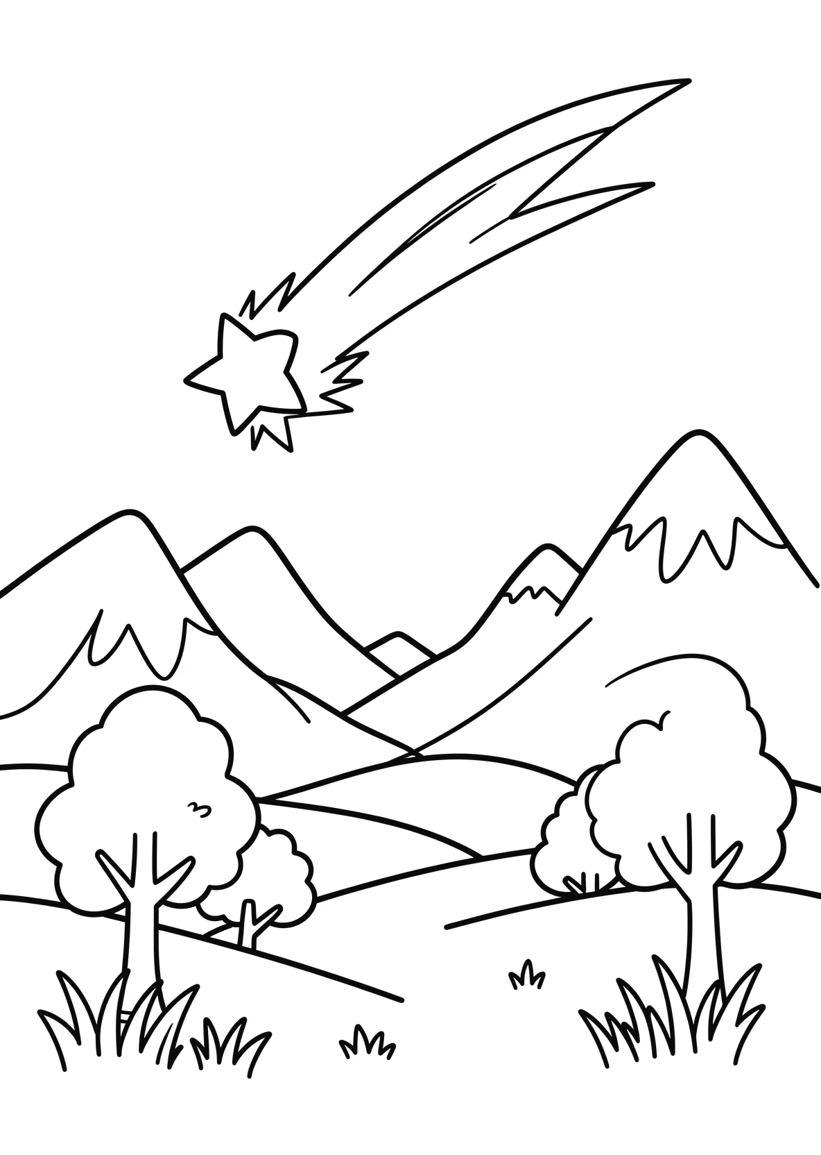 Ausmalbild Sternschnuppe mit einem langen Schweif am Himmel - Ausmalbild aus der Kategorie Natur - kostenlos ausdrucken