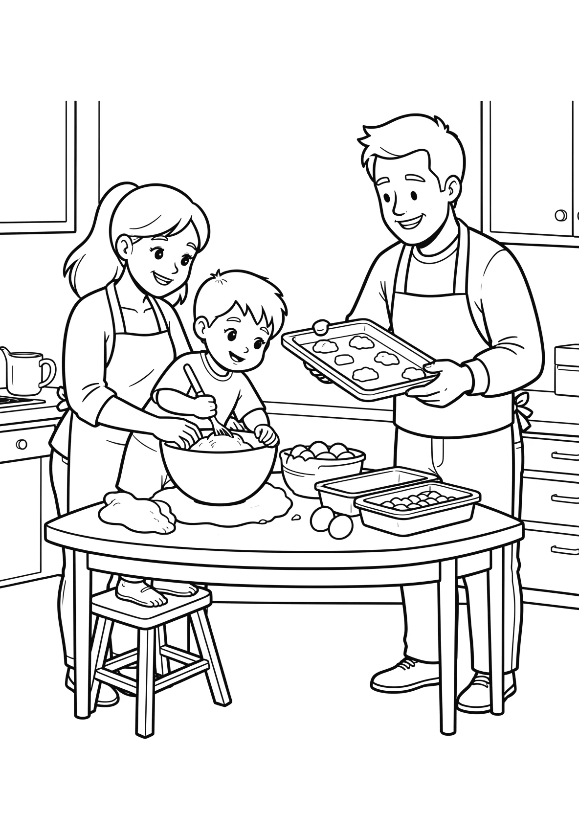 Ausmalbild Kind und seine beiden Eltern backen zusammen in - Ausmalbild aus der Kategorie Essen - kostenlos ausdrucken