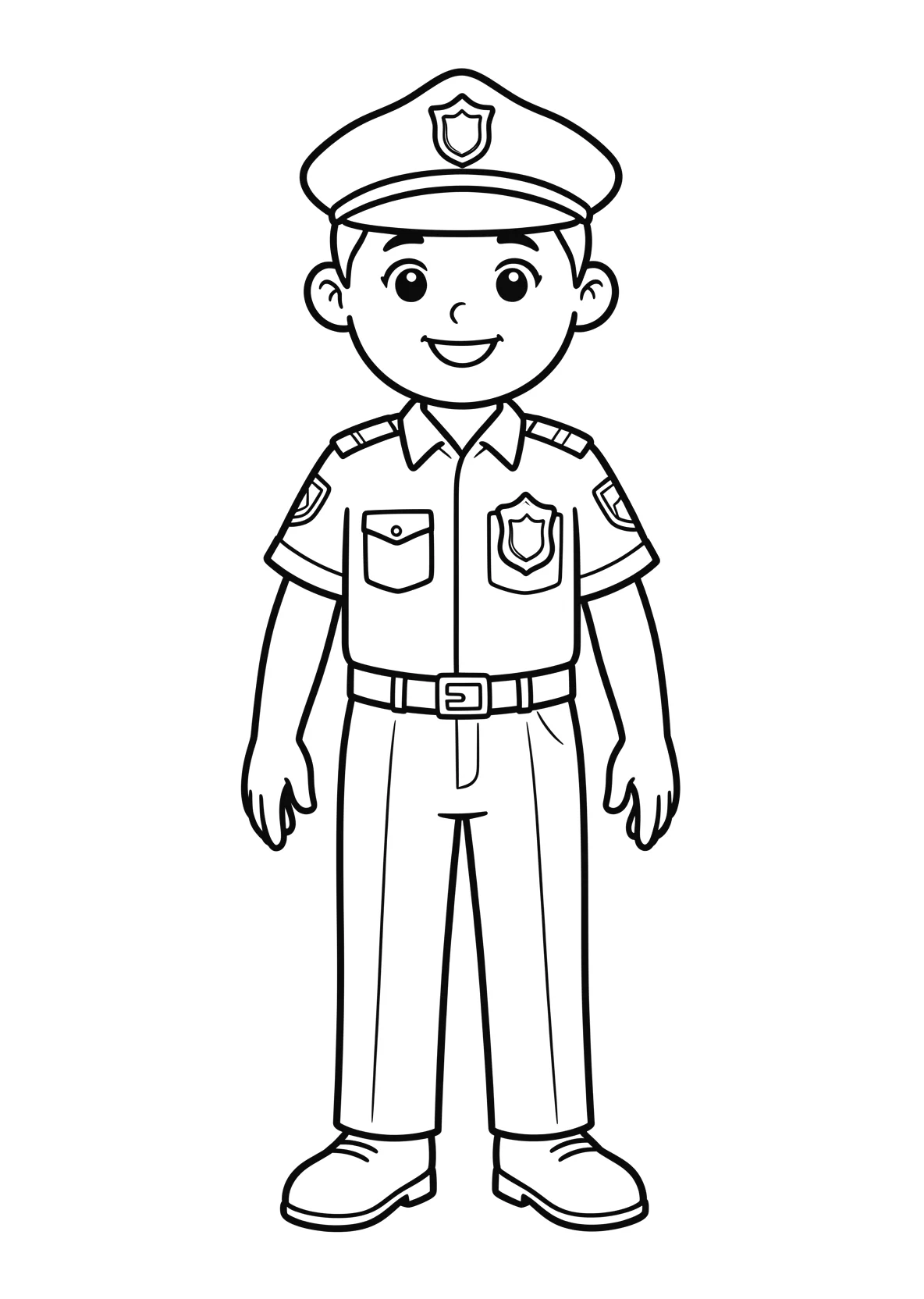 Ausmalbild Junger Polizist in Uniform mit Abzeichen - Ausmalbild aus der Kategorie Berufe - kostenlos ausdrucken
