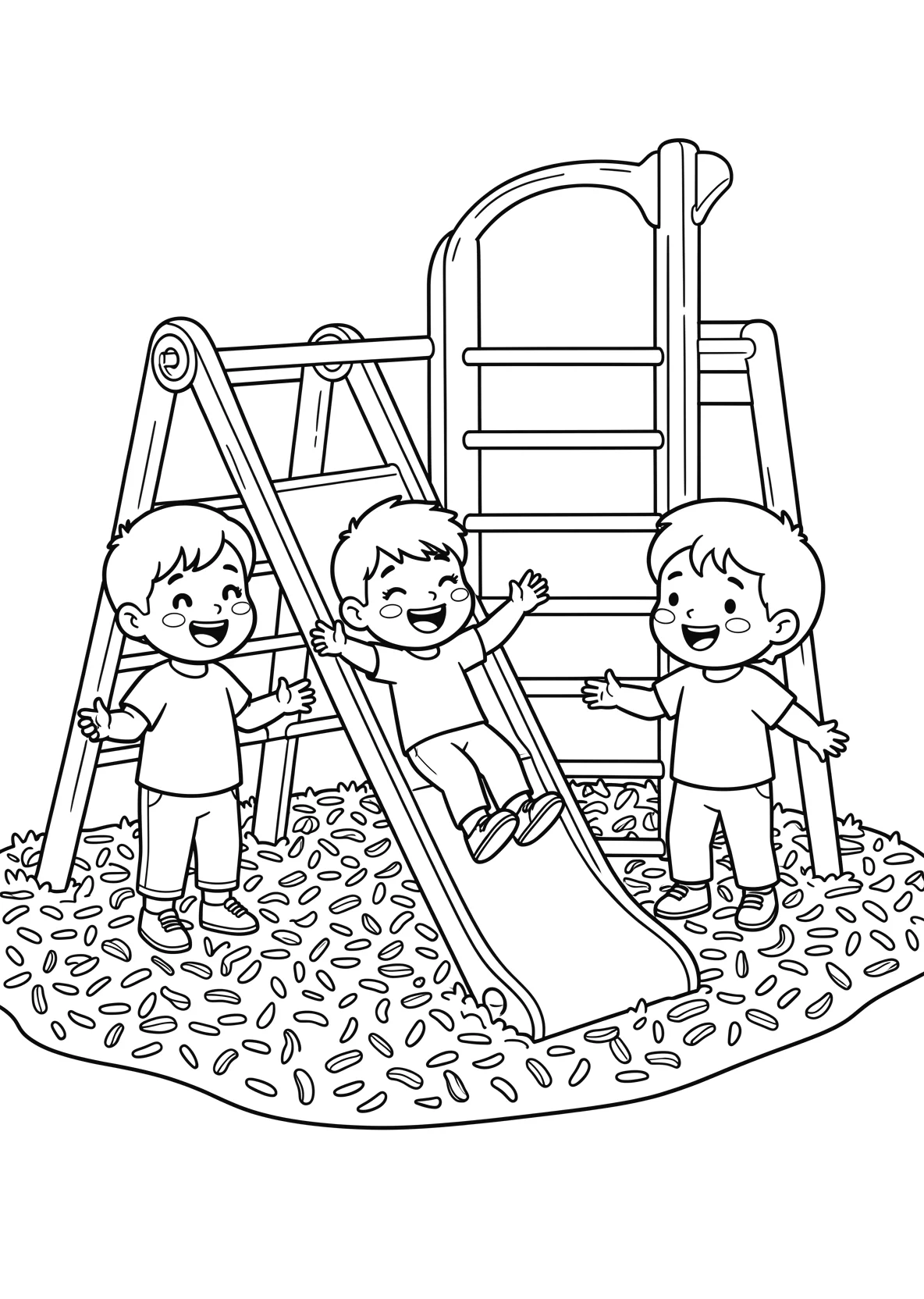 Ausmalbild Drei Kinder spielen zusammen auf einem - Ausmalbild aus der Kategorie Sonstiges - kostenlos ausdrucken