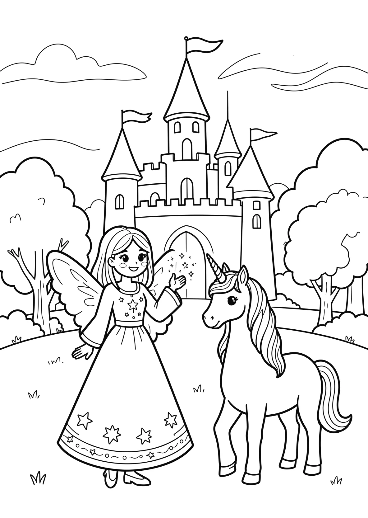 Ausmalbild Schloss mit hohen Tuermen und Fahnen - Ausmalbild aus der Kategorie Maerchen - kostenlos ausdrucken