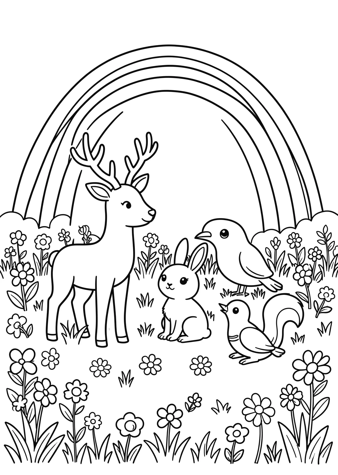 Ausmalbild Blumenwiese mit verschiedenen Blumen und Pflanzen - Ausmalbild aus der Kategorie Natur - kostenlos ausdrucken