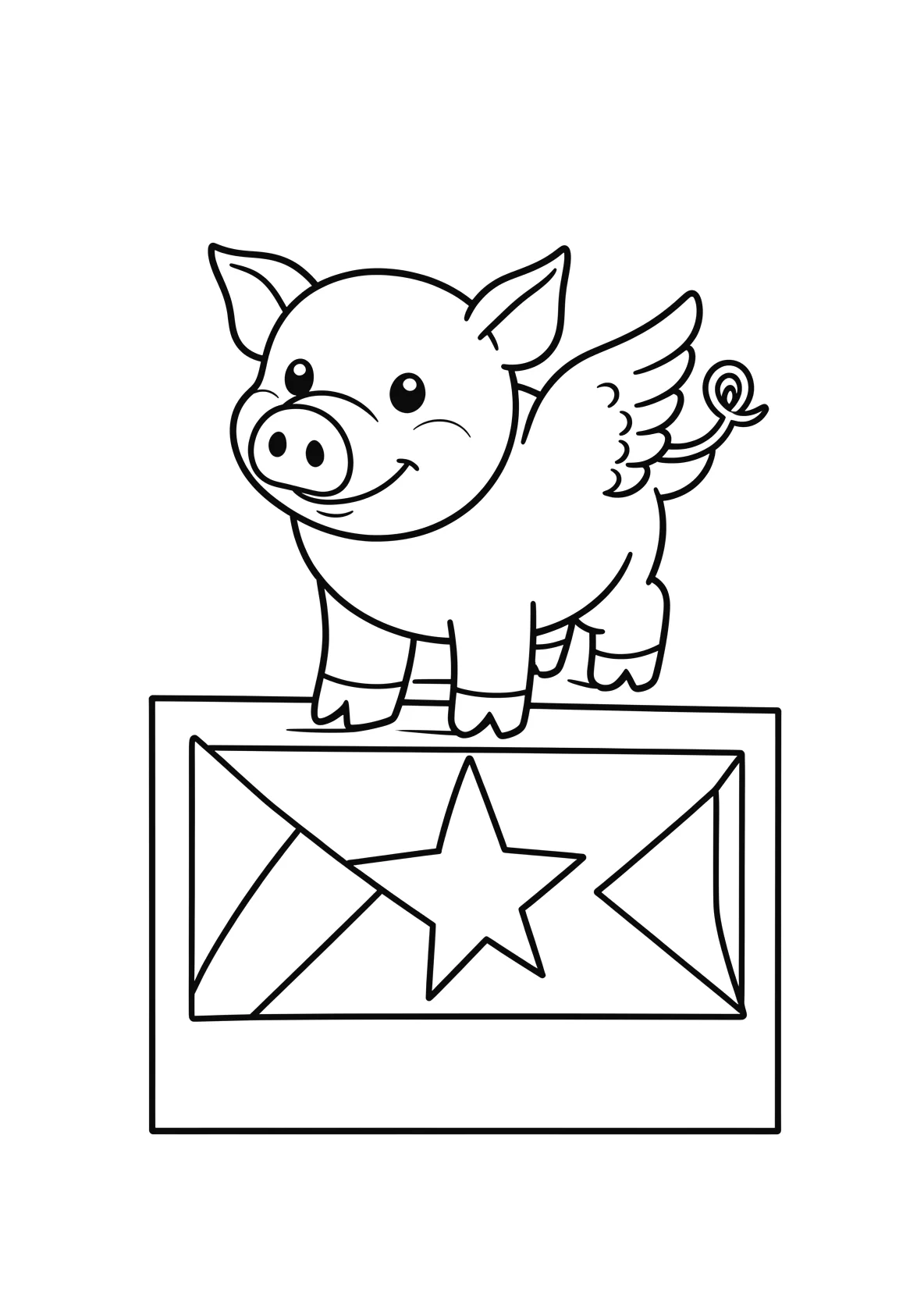 Ausmalbild Freundliches Schwein mit Ringelschwanz steht auf - Ausmalbild aus der Kategorie Tiere - kostenlos ausdrucken