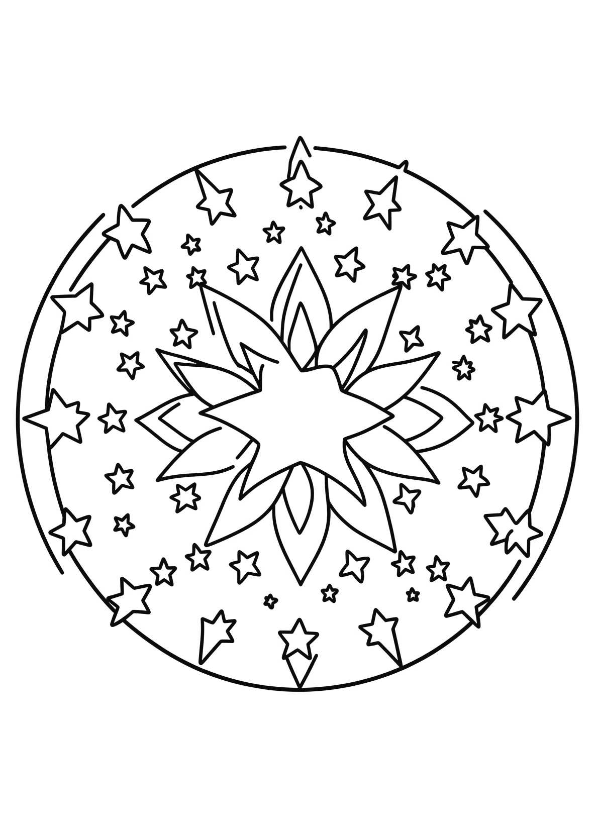 Ausmalbild Grosses rundes Mandala mit vielen kleinen Sternen - Ausmalbild aus der Kategorie Natur - kostenlos ausdrucken