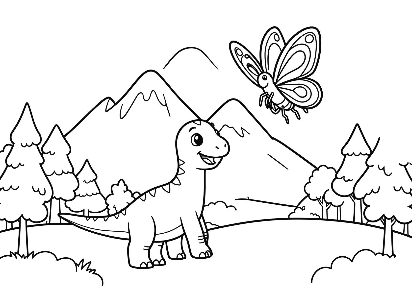 Ausmalbild Berg in der Landschaft mit Bäumen im Vordergrund - Ausmalbild aus der Kategorie Tiere - kostenlos ausdrucken