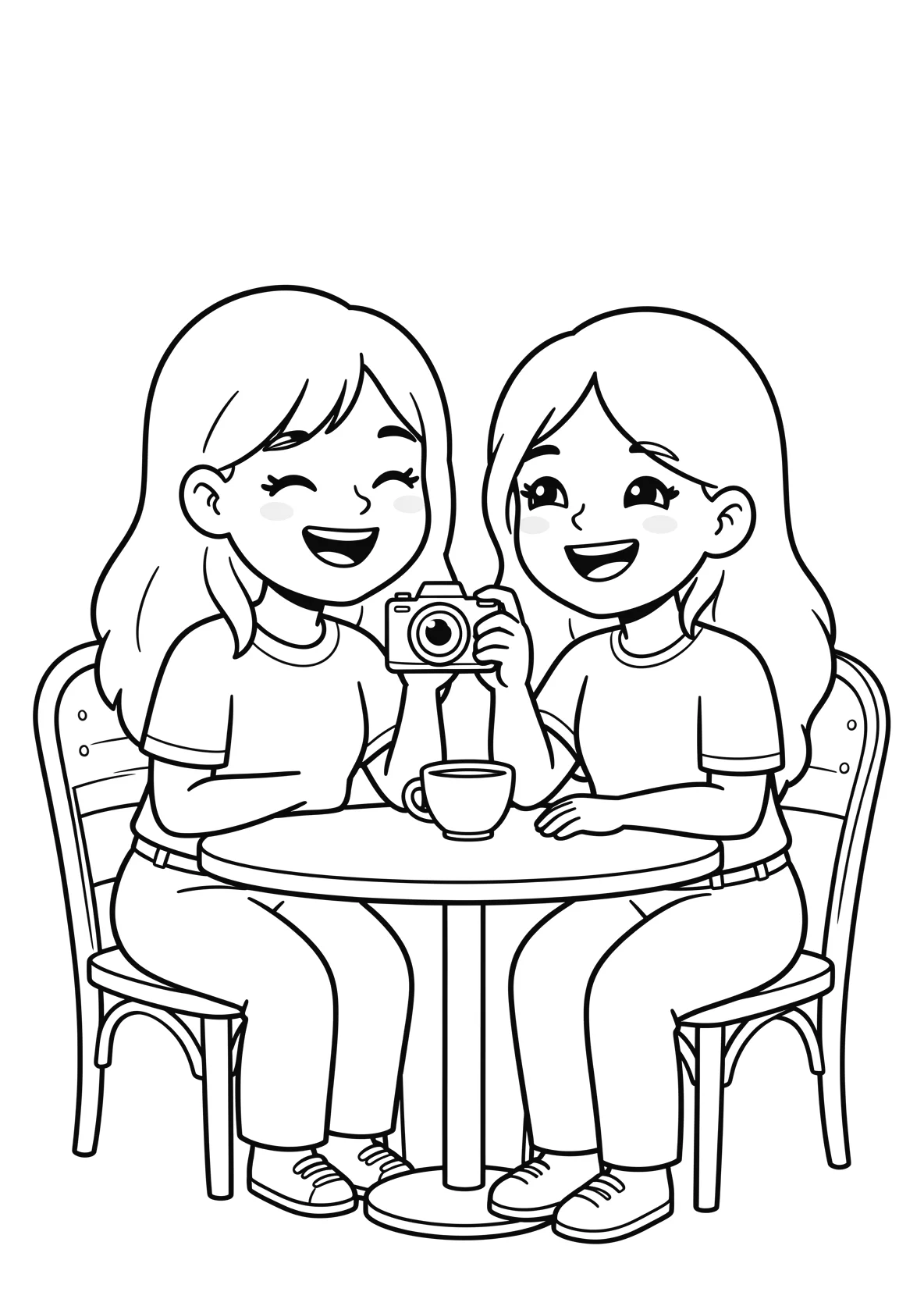 Ausmalbild Zwei freundliche Maedchen in einem Cafe - Ausmalbild aus der Kategorie Sonstiges - kostenlos ausdrucken