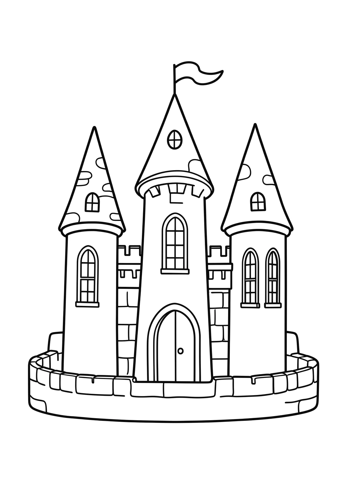 Ausmalbild Maerchenschloss mit drei hohen Tuermen - Ausmalbild aus der Kategorie Maerchen - kostenlos ausdrucken
