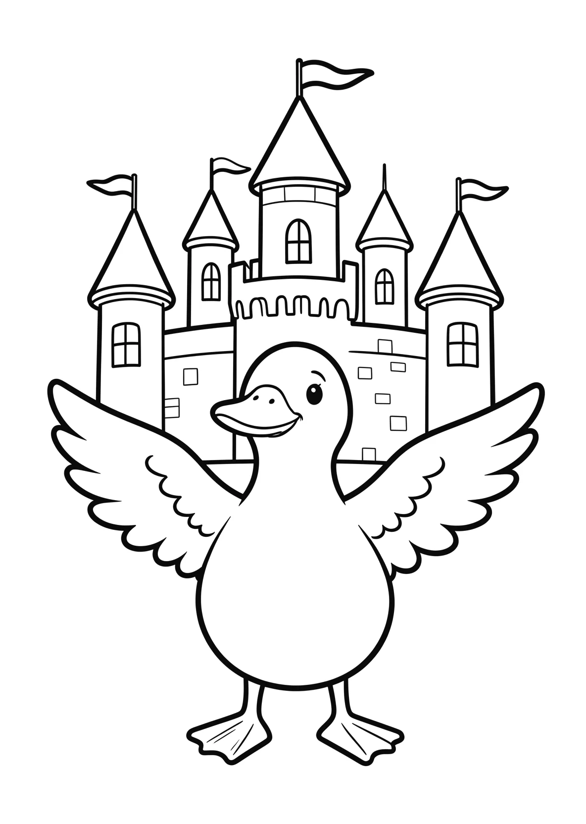 Ausmalbild Freundliche Ente mit ausgebreiteten Flügeln - Ausmalbild aus der Kategorie Maerchen - kostenlos ausdrucken