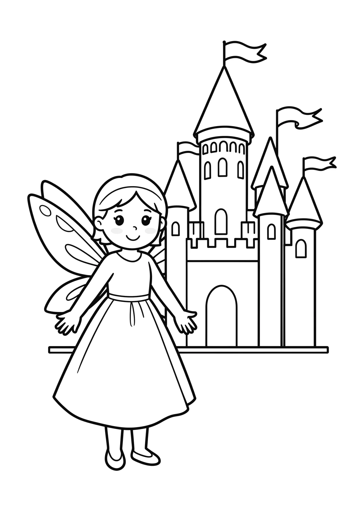 Ausmalbild Freundliche Fee mit Flügeln und langem Kleid - Ausmalbild aus der Kategorie Maerchen - kostenlos ausdrucken