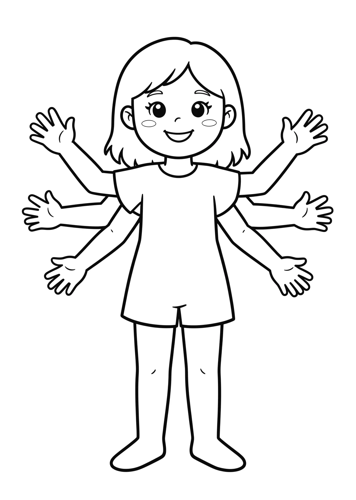 Ausmalbild Freundliches Mädchen mit vier Armen - Ausmalbild aus der Kategorie Sonstiges - kostenlos ausdrucken
