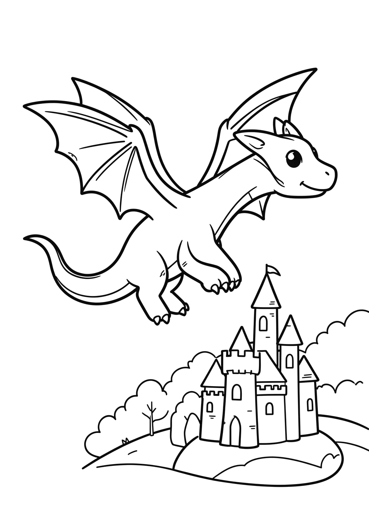 Ausmalbild Drache fliegt über eine Burg für Vorschulkinder - kostenlos ausdrucken