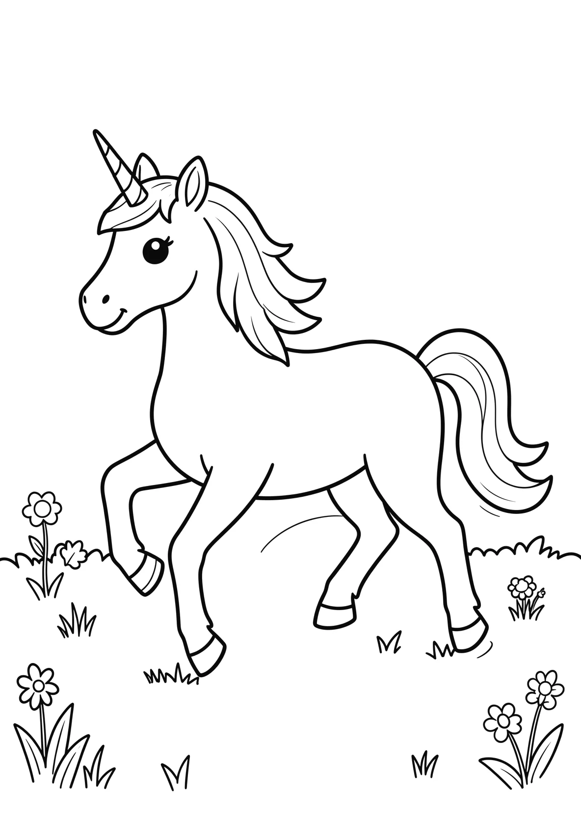 Ausmalbild Einhorn im Galopp für Vorschulkinder - kostenlos ausdrucken
