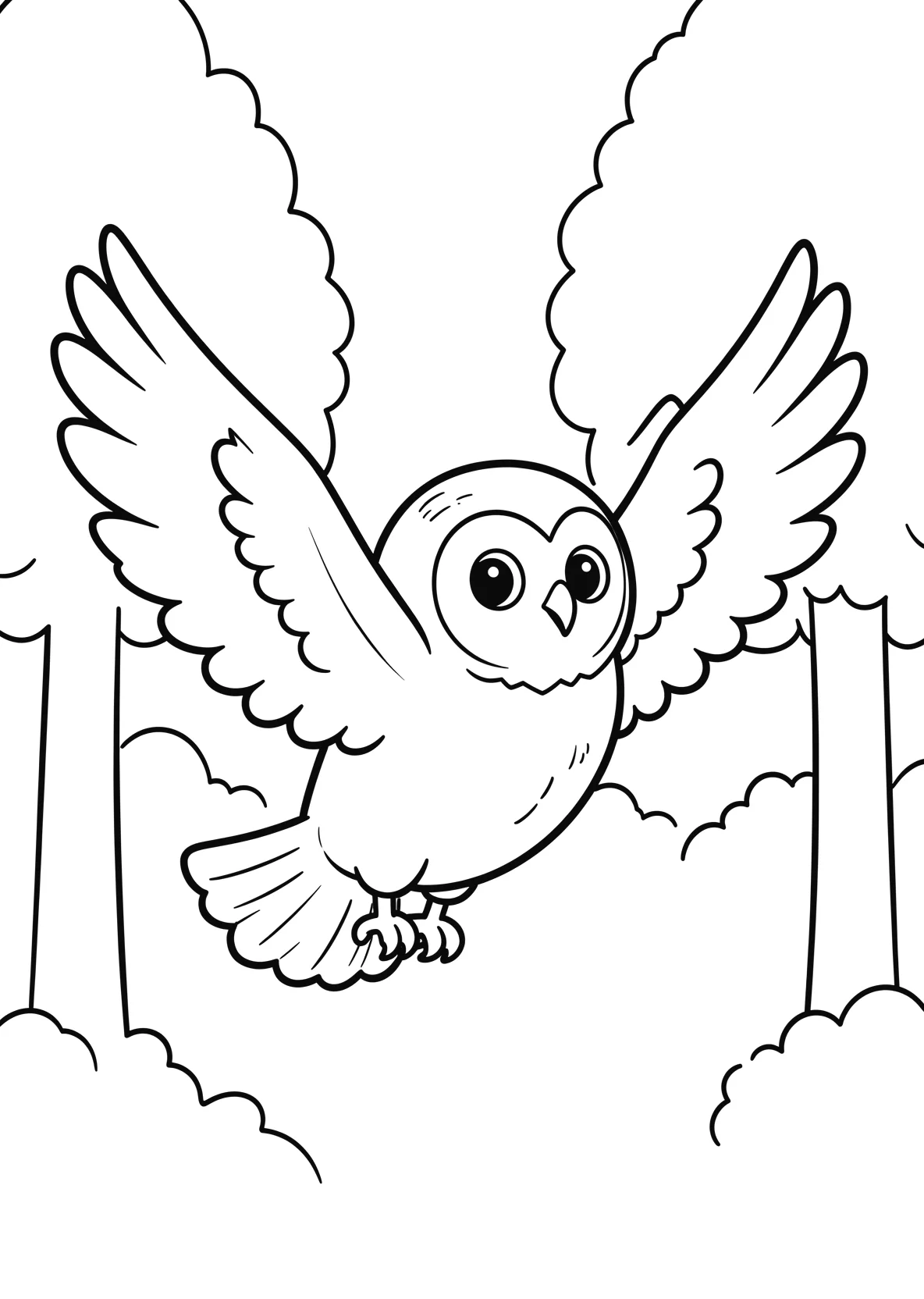 Ausmalbild Eule im Flug für Vorschulkinder - kostenlos ausdrucken