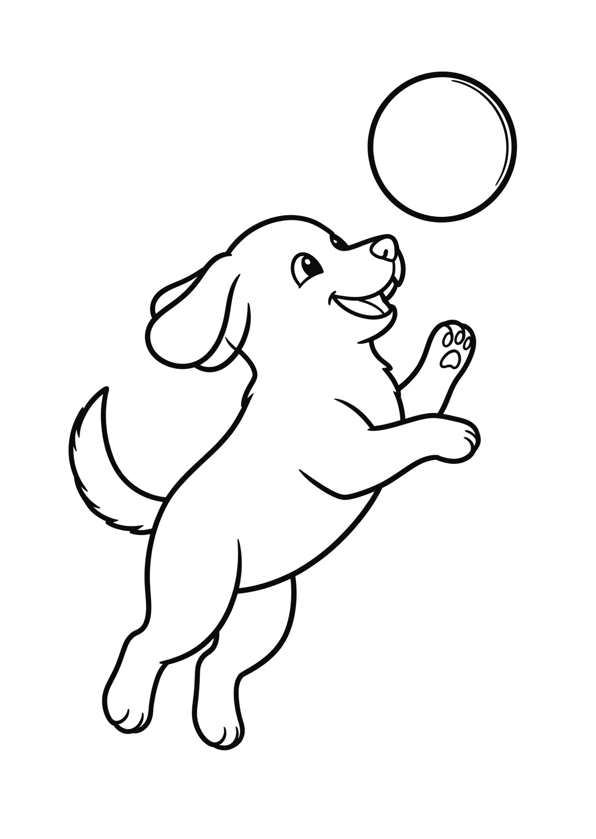 Ausmalbild Hund springt nach einem Ball für Vorschulkinder - kostenlos ausdrucken