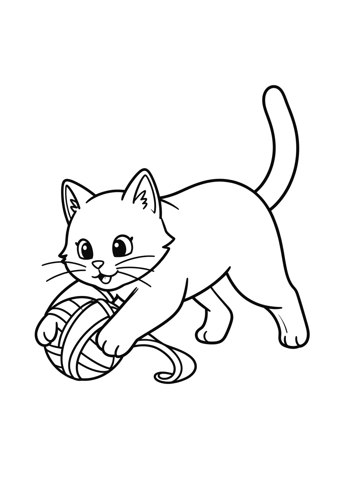 Ausmalbild Katze spielt mit einem Wollknäuel für Vorschulkinder - kostenlos ausdrucken