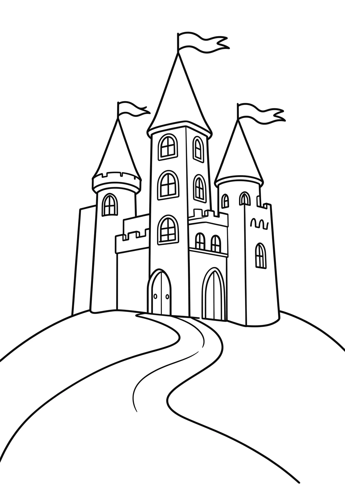 Ausmalbild Schloss auf einem Hügel für Vorschulkinder - kostenlos ausdrucken