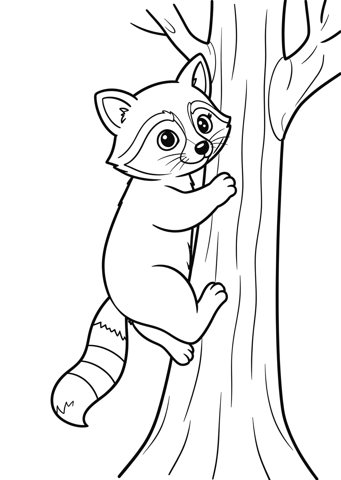 Ausmalbild Waschbär klettert auf einen Baum für Vorschulkinder - kostenlos ausdrucken