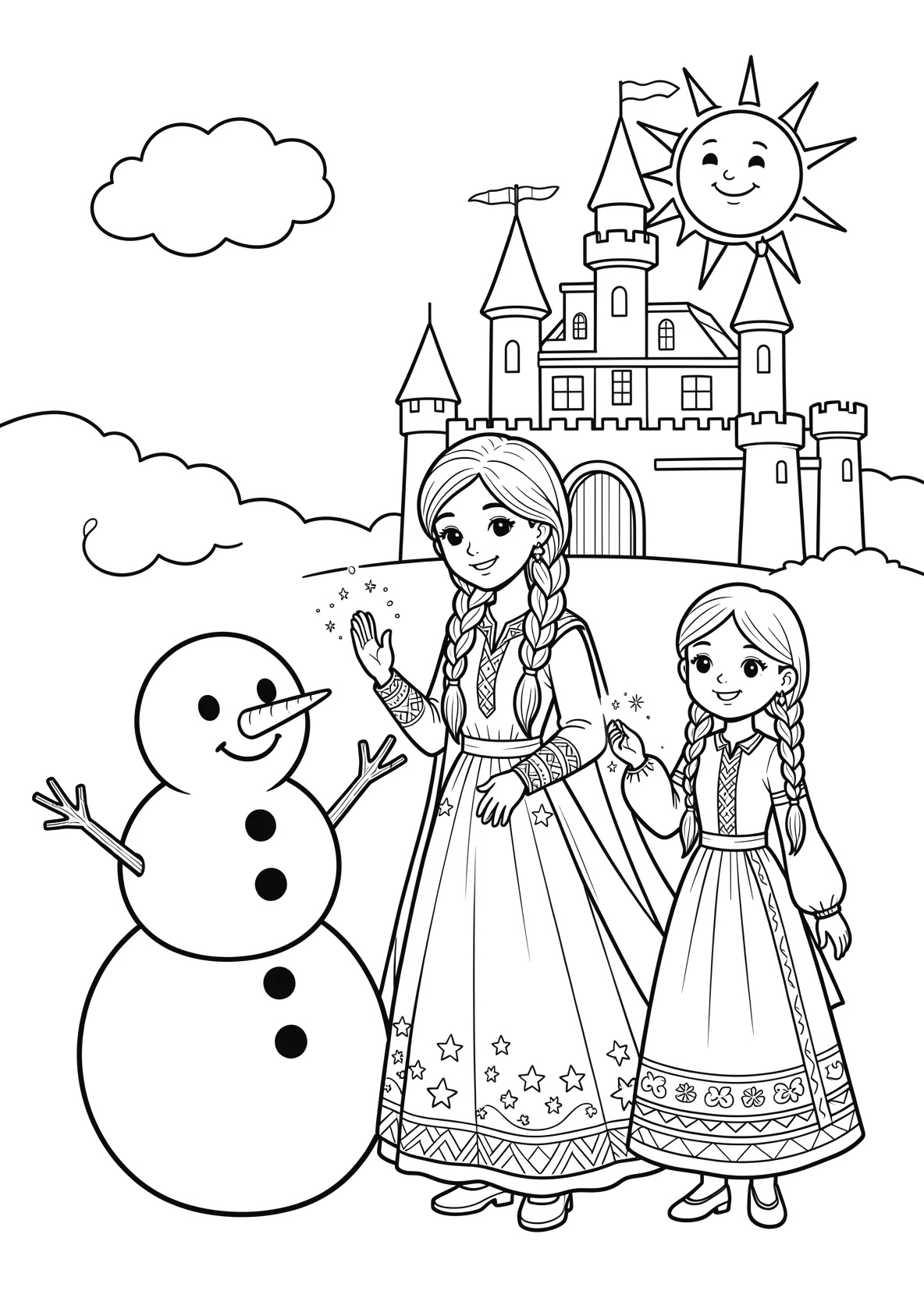 Ausmalbild Froehlicher kleiner Schneemann mit drei - Ausmalbild aus der Kategorie Maerchen - kostenlos ausdrucken