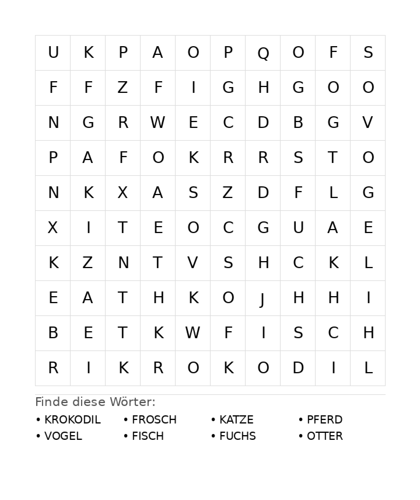 Wortsuchrätsel Wortsuchrätsel: Tiere für Vorschule aus der Kategorie Wortsuchrätsel - kostenlos ausdrucken