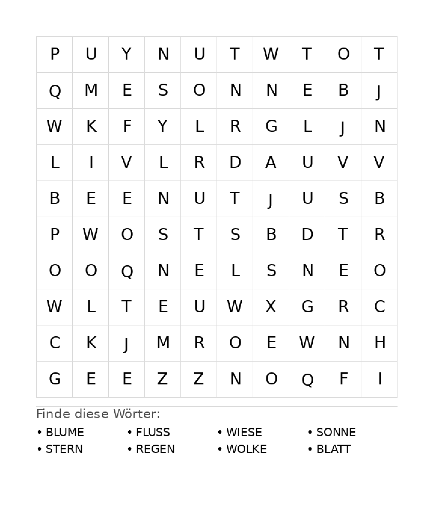 Wortsuchrätsel Wortsuchrätsel: Natur für Vorschule aus der Kategorie Wortsuchrätsel - kostenlos ausdrucken