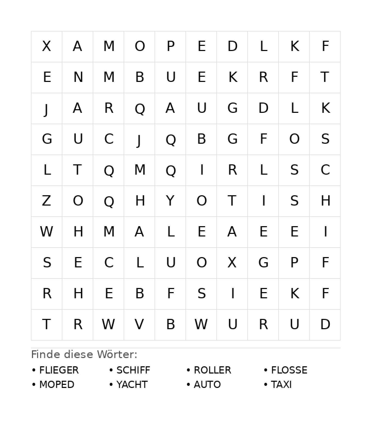 Wortsuchrätsel Wortsuchrätsel: Fahrzeuge für Vorschule aus der Kategorie Wortsuchrätsel - kostenlos ausdrucken